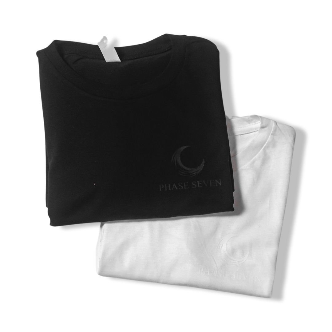 Moonlit Mystery: Black-on-Black T-shirt with Discreet Lunar Cycle - Phase Seven