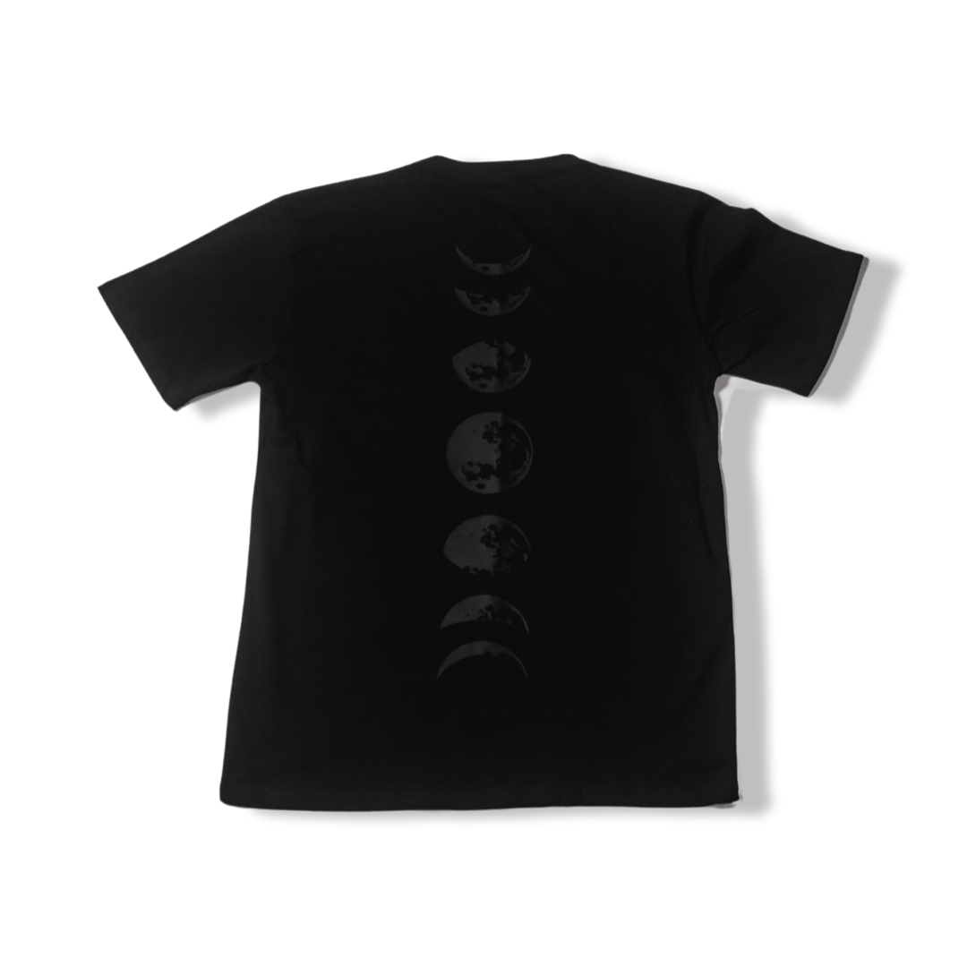 Moonlit Mystery: Black-on-Black T-shirt with Discreet Lunar Cycle - Phase Seven