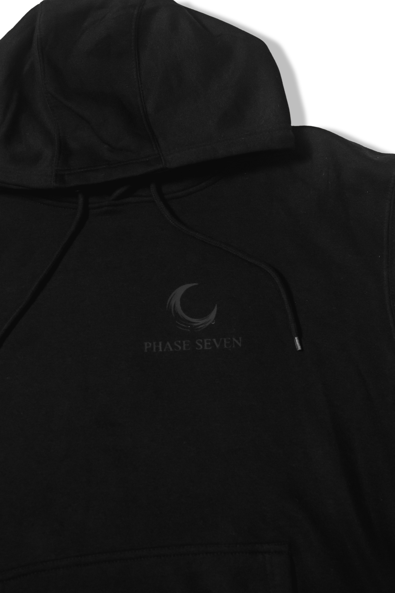 Moonlit Mystery: Black-on-Black Hoodie with Discreet Lunar Cycle - Phase Seven