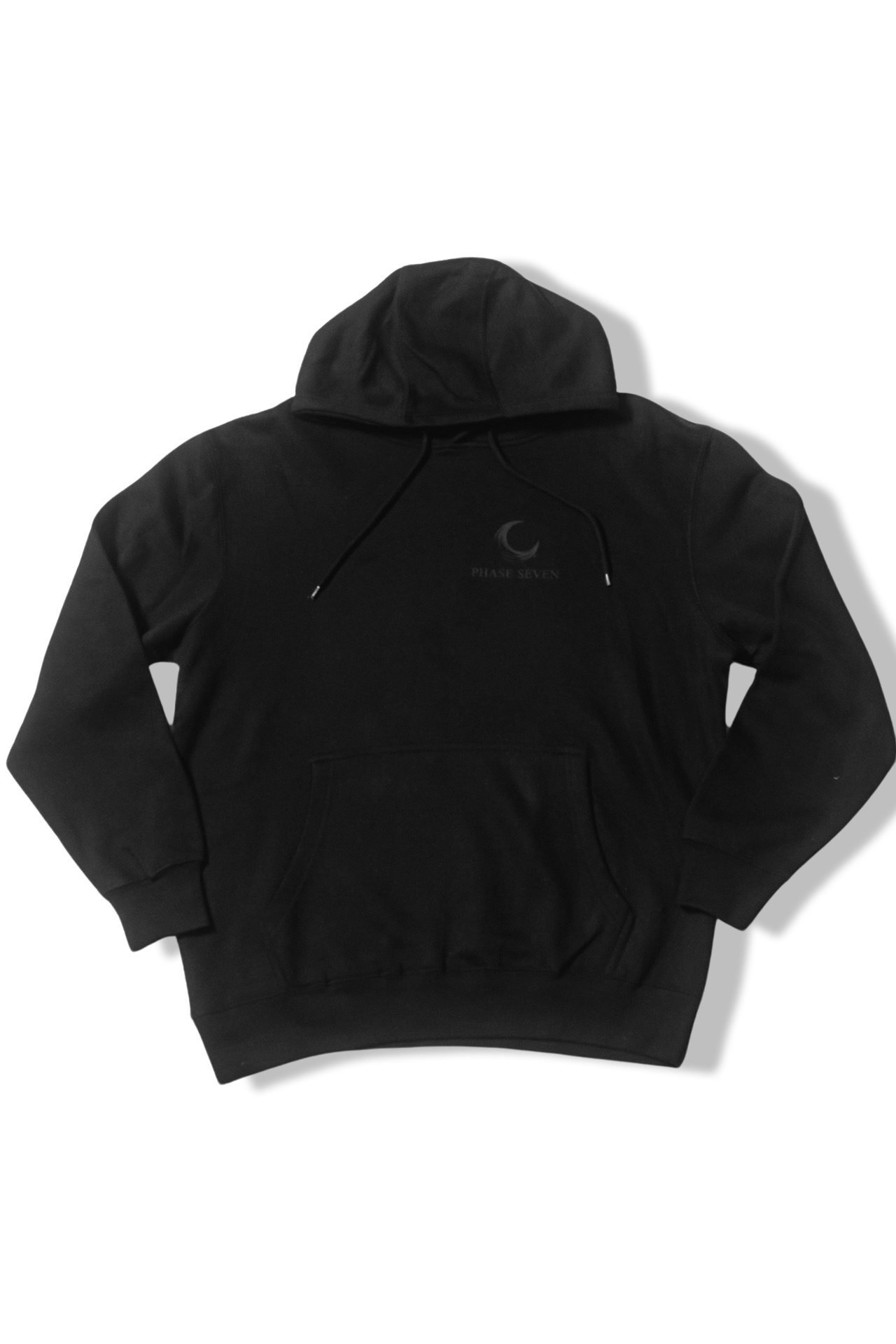 Moonlit Mystery: Black-on-Black Hoodie with Discreet Lunar Cycle - Phase Seven